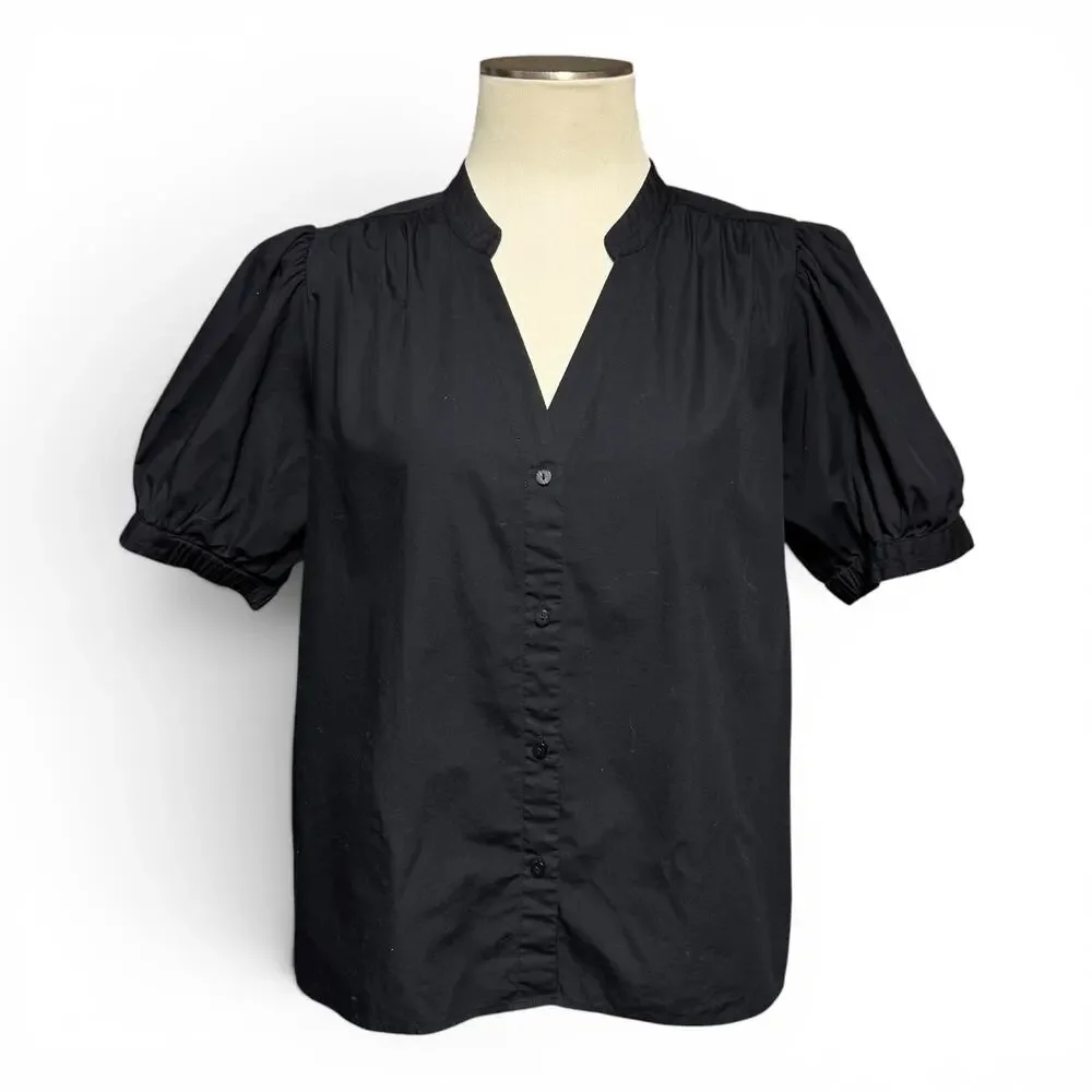 Nine West Cotton Puff Sleeve V-Neck Button Up Blouse Top Black Large - Picture 2 of 6